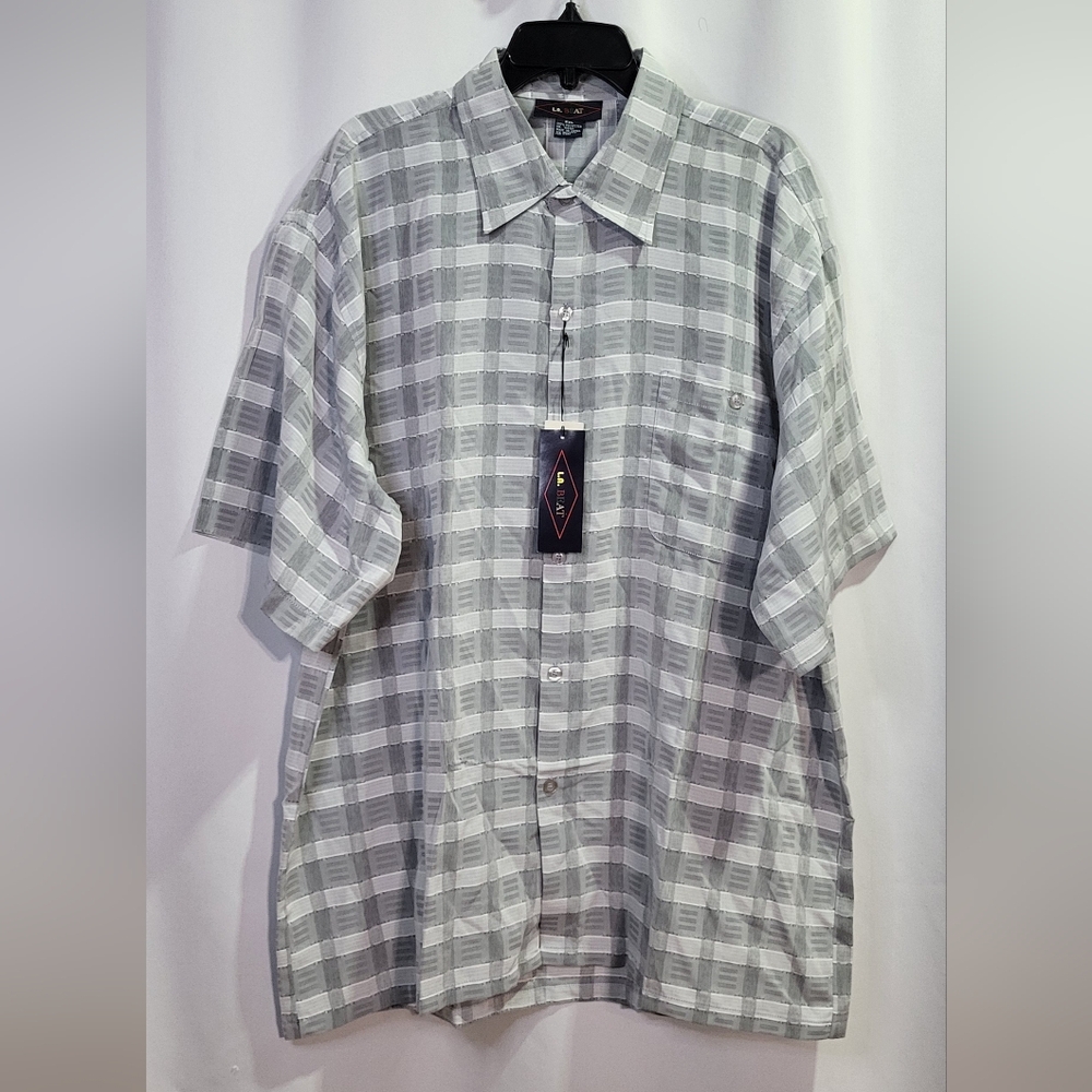 L.A.BEAT NWT Light Gray Windowpane Collared Short Sleeve Dress Shirt Size 2XL